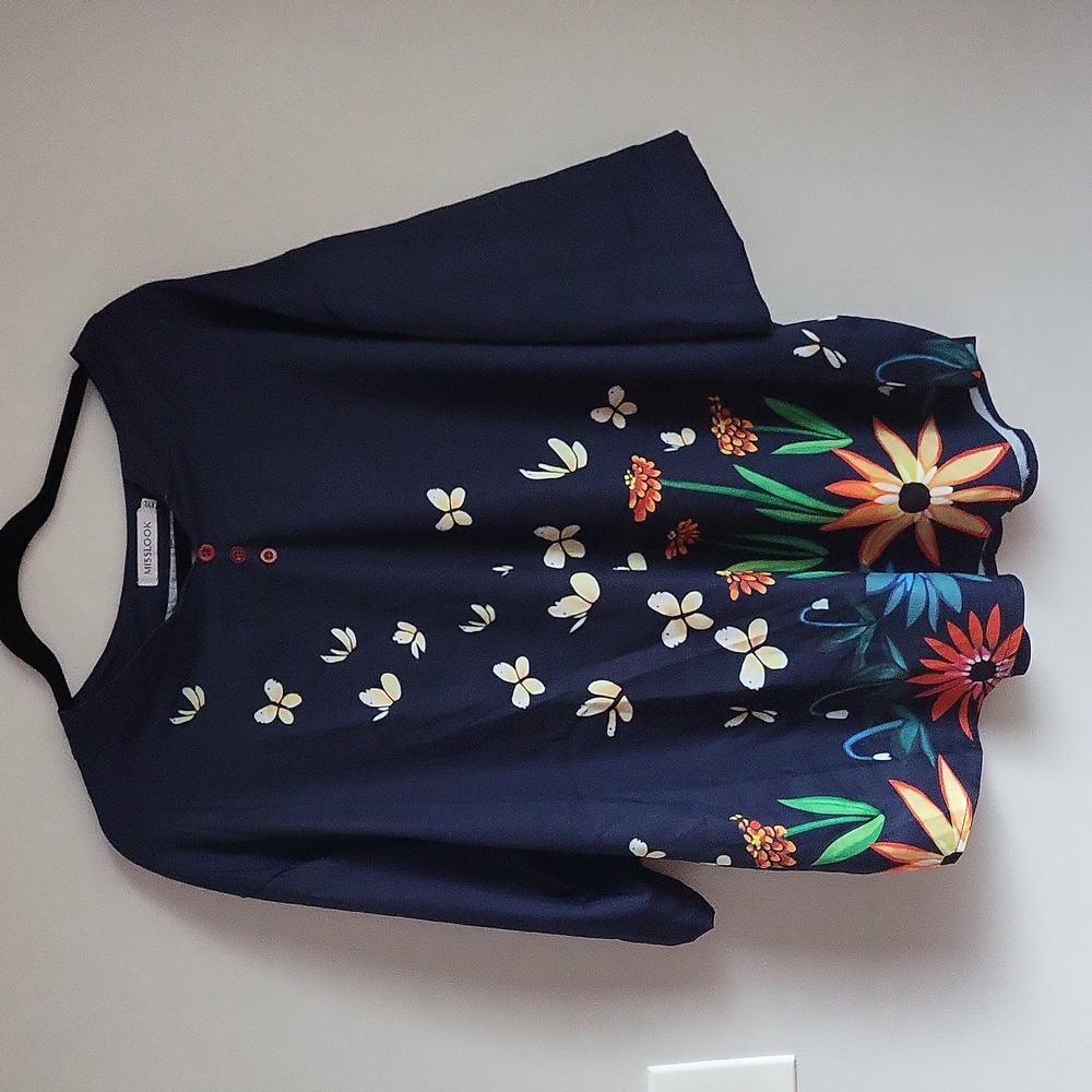 Misslook Blue Colorful Floral Print V Neck Top Blouse size xxl light and co.fort